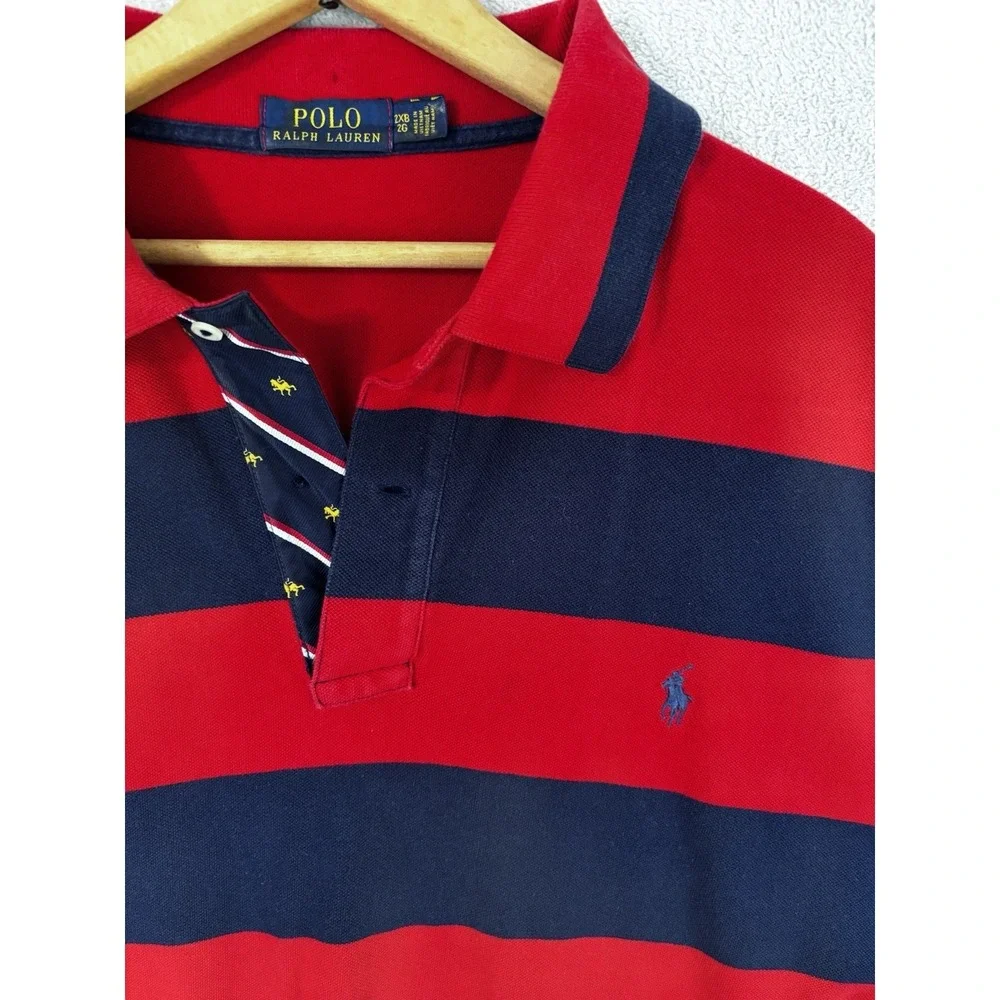 Polo Ralph Lauren Men's 2XB Red Navy Stripe Polo Shirt Big Cotton Pony Logo 0795